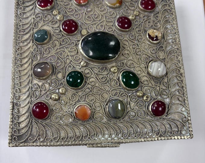 Vintage Indian White Metal Trinket Box, Filigree Cabochon Jewellery Casket