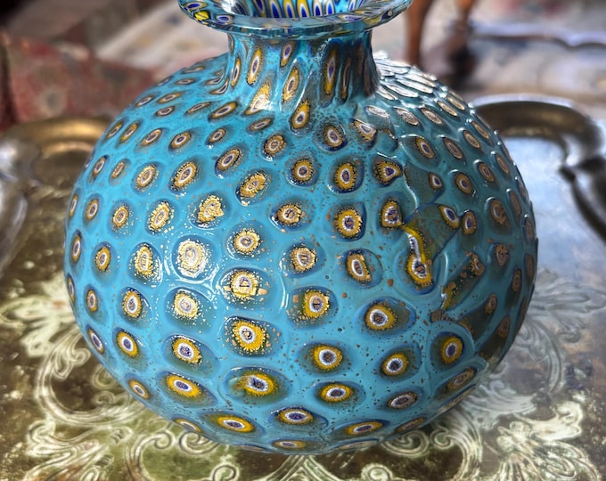 Vintage Murano Glass Millefiori Vase, Turquoise Blue with Gold Aventurine