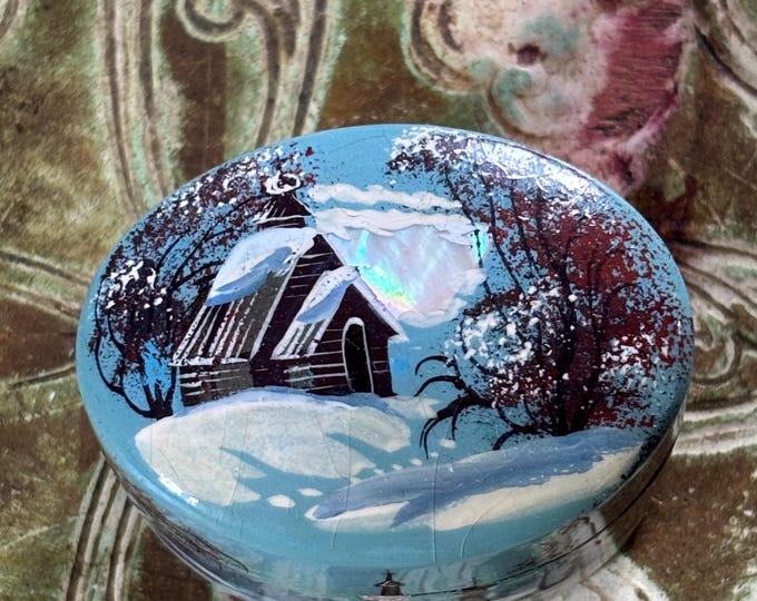 Vintage Russian Fedoskino Lacquer Box, Signed Winter Landscape, Mother of Pearl
