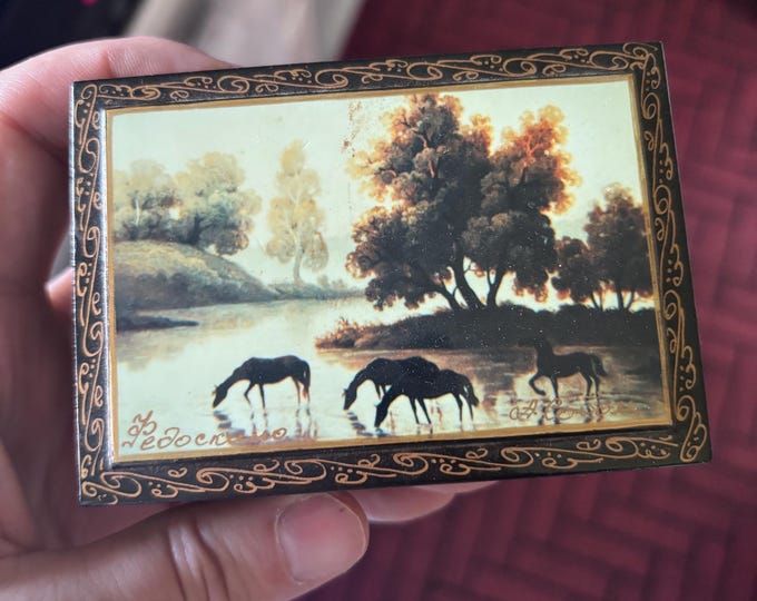 Vintage Russian Fedoskino Lacquer Box Horses Landscape Signed Gilt Decoration