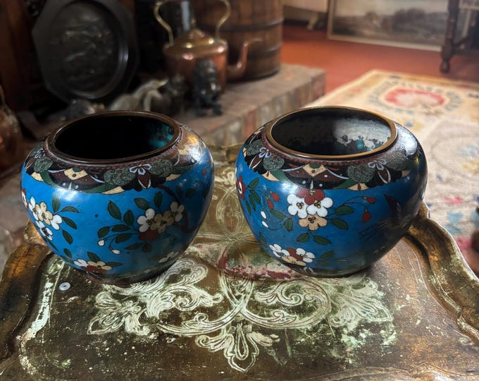 Antique Japanese Cloisonné Jars Pair Meiji Era Blue Enamel Birds & Flowers