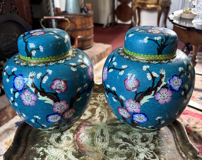 Pair Vintage Chinese Cloisonné Ginger Jars Turquoise Prunus Butterfly c1960s