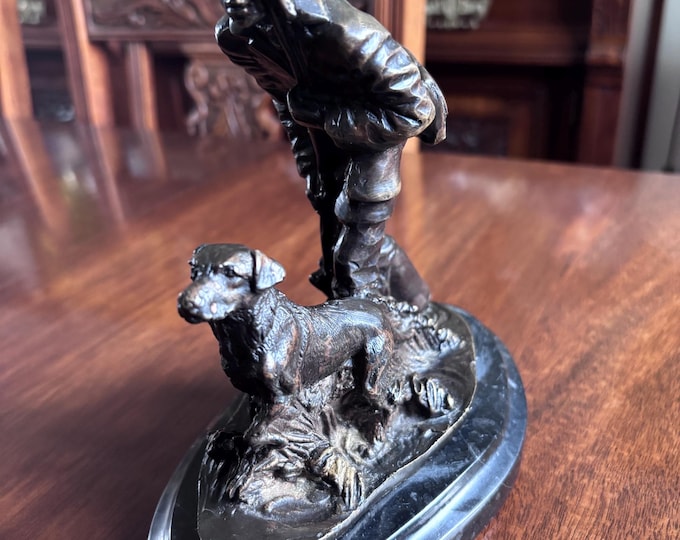 Bronze Hunter & Dog Sculpture After Pierre Jules Mêne French Animalier Figure