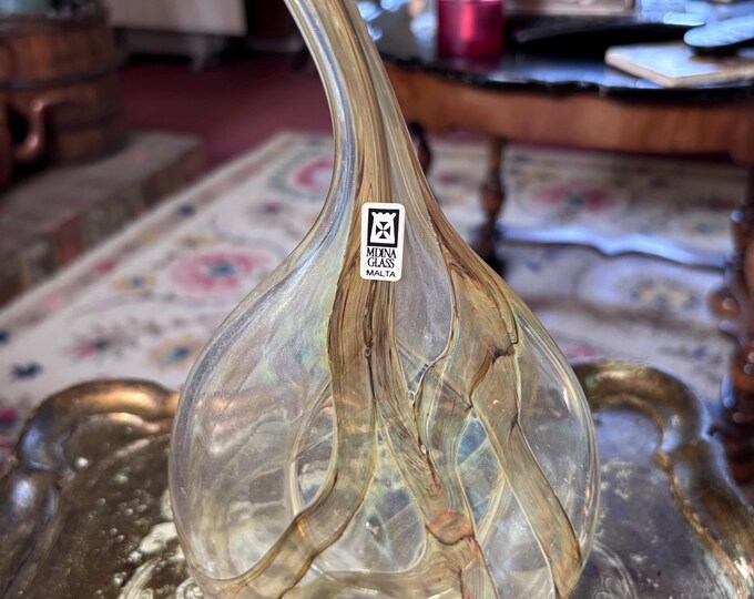 Vintage Mdina Glass Malta Teardrop Vase Iridescent Earthtones Studio Art Glass Original Label