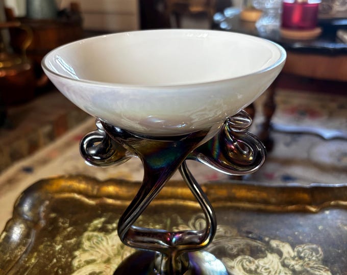 Jozefina Krosno Hand Blown Glass Pedestal Bowl | Opaline White, Smoky Iridescent Stem