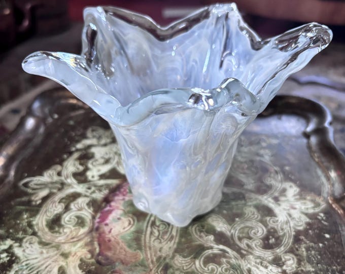 Vintage Czech Studio Art Glass Vase Attributed Škrdlovice White Veil Freeform Hand Blown 13cm