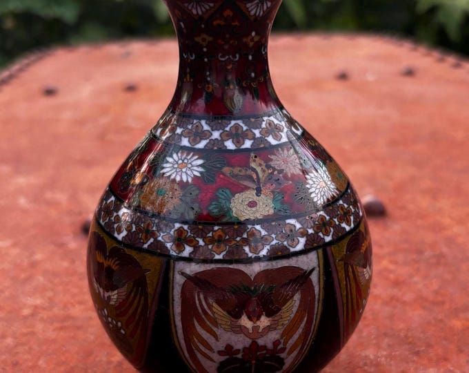 Meiji Japanese Cloisonné Phoenix Vase | Fine Silver Wire Enamel, Cobalt Blue Interior