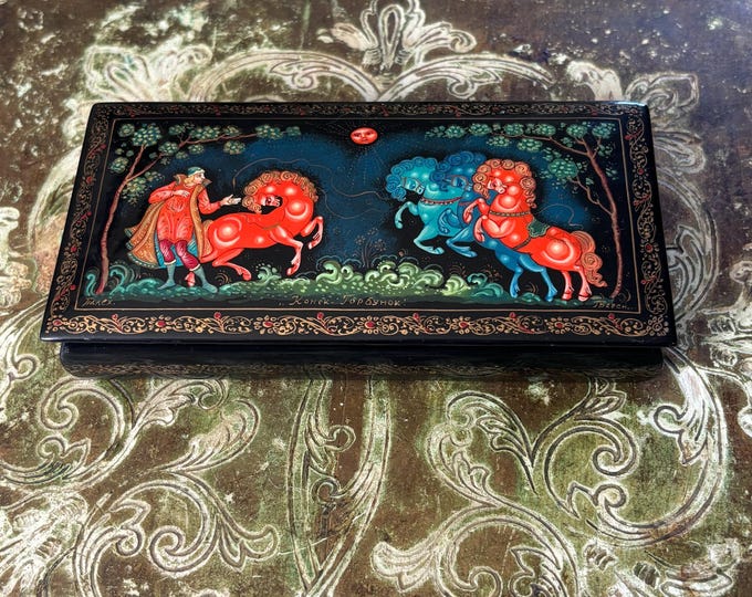Vintage Russian Palekh Lacquer Box, Little Humpbacked Horse, Hand Painted