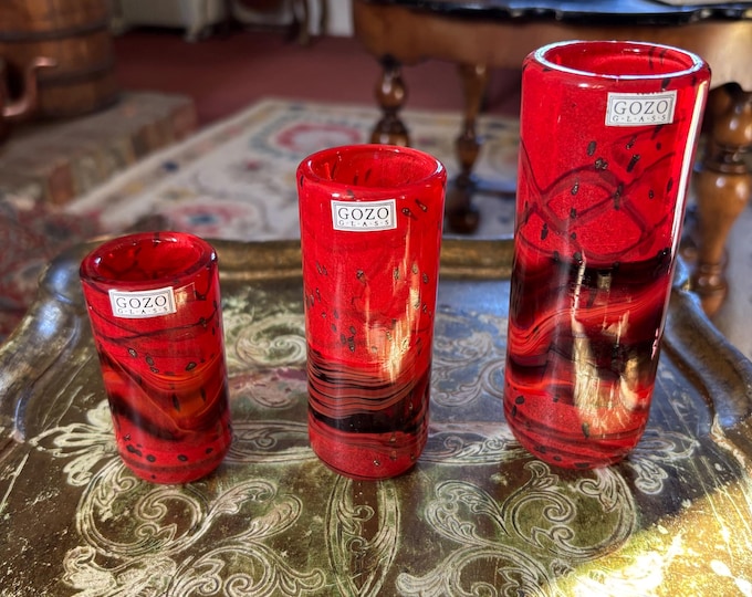 Vintage Gozo Glass Vase Set – Red Etna Maltese Studio Art Glass (3)