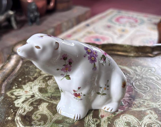 Royal Crown Derby Polar Bear Paperweight | Derby Posies Bone China Figurine (1991) Gold Stopper