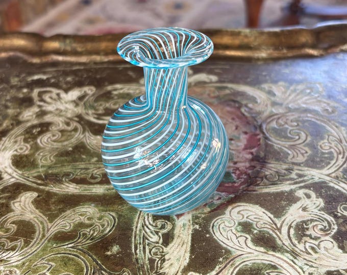 Vintage Bucella Cristalli Murano Glass Miniature Vase Blue White Filigree Italy