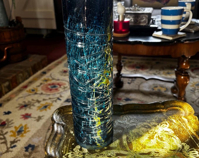 Signed Mdina Art Glass Vase: Blue Yellow Abstract Trailed Maltese Hand Blown Cylinder