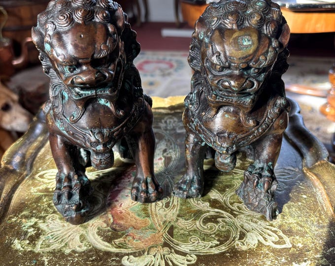Antique Chinese Bronze Guardian Lions Foo Dogs Pair c1900-1925 Qing Republic