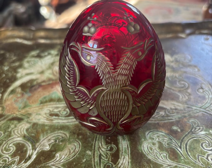 Ruby Red Engraved Glass Egg | Crowned Monogram & Heraldic Bird | Bohemian Style Decorative Collectable