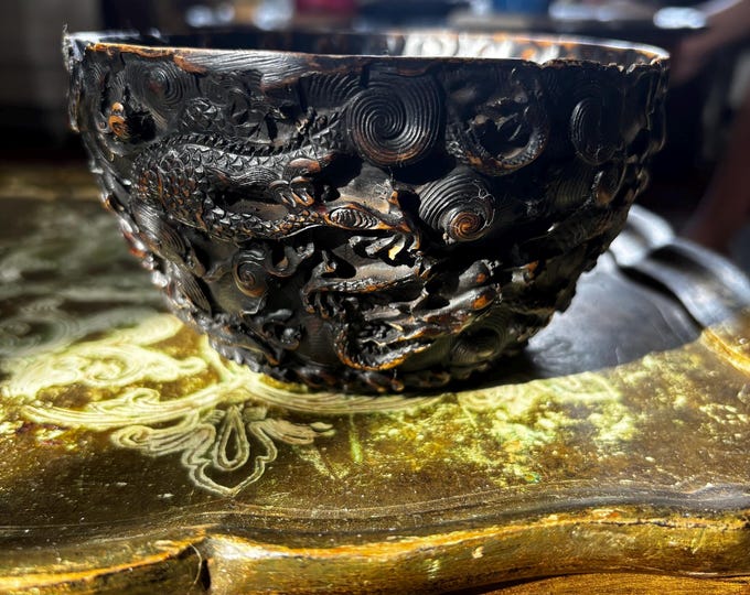 Vintage Chinese Openwork Dragon Bowl Carved Composition Decorative Buddhist Symbol Bowl Oriental Curio 15cm