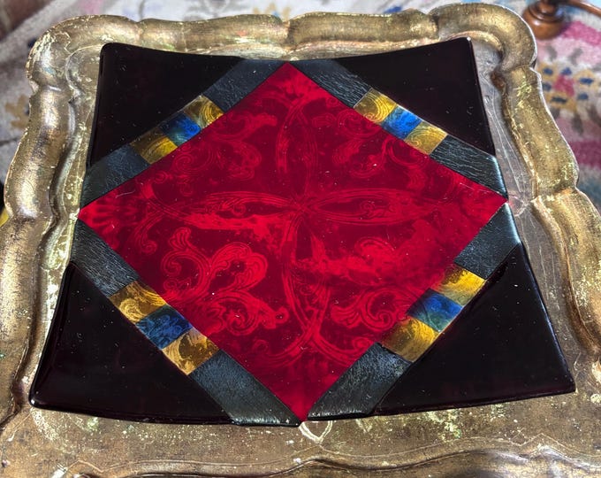 Pair of Vintage Fused Art Glass Plates | Ruby Red, Black, Gold, Blue Geometric Design