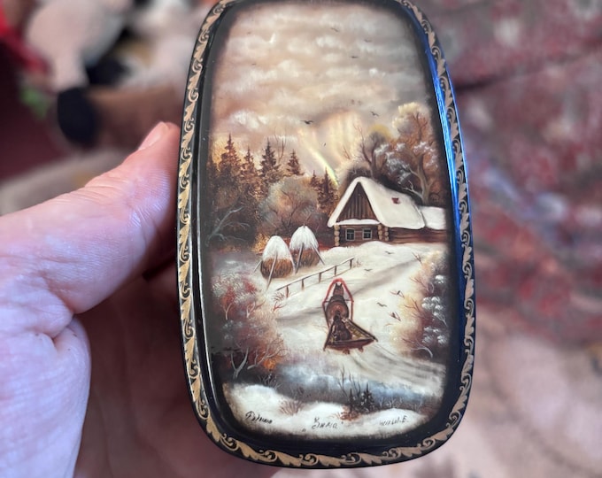 Vintage Hand-Painted Russian Lacquer Box: Winter Landscape Miniature Art Trinket