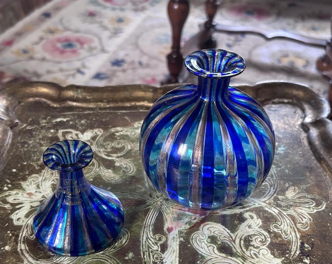 Pair Vintage Murano Art Glass Vases One Labelled Linea Valentina Blue Aventurine Venetian Glass