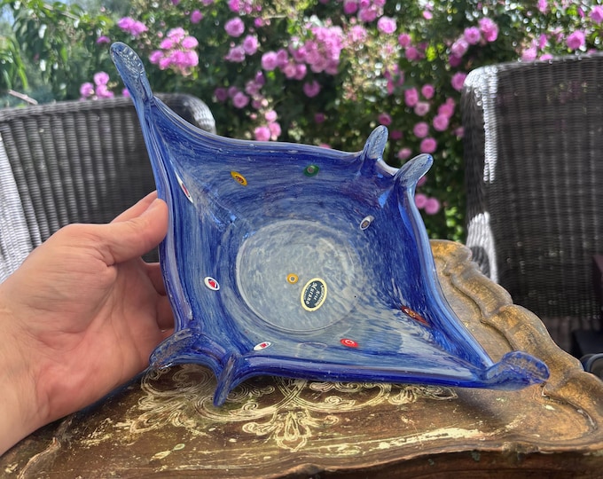 Large Vintage Murano Art Glass Centrepiece Bowl – Cobalt White Swirl Millefiori Decoration