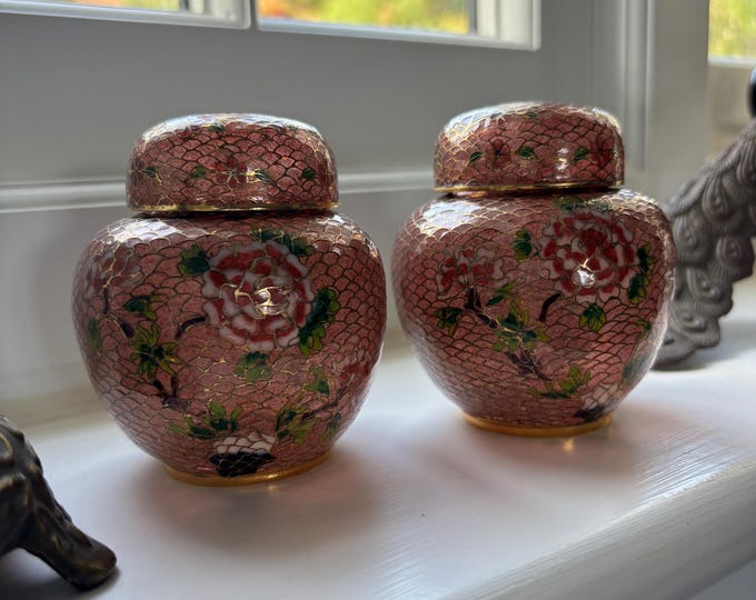 Pair Vintage Plique-à-Jour Enamel Ginger Jars Pink Birds Flowers Lidded