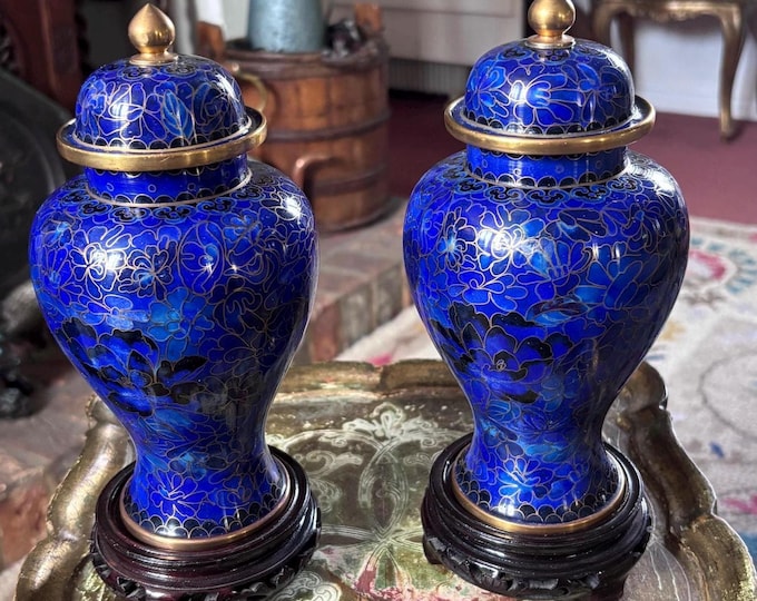 Vintage Chinese Cloisonné Ginger Jars Pair | Cobalt Blue Floral Enamel, Hardwood Stands