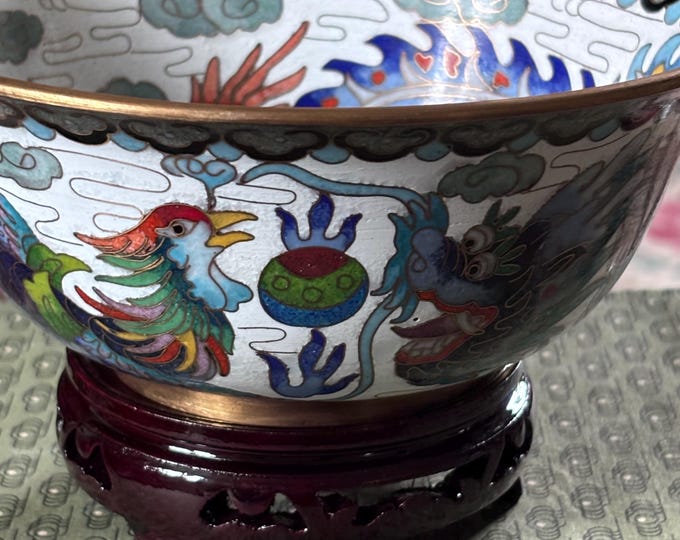 Large Chinese Cloisonné Enamel Bowl with Dragon Phoenix Design and Stand (17cm)