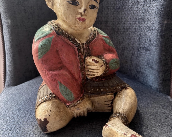 Vintage Asian Folk Art Seated Wooden Figure Hand Carved Mirror Inlay 30cm