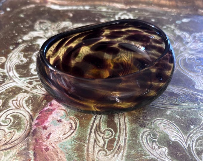 Vintage 1970s Studio Art Glass Bowl: Faux Tortoiseshell Effect, Amber Olive Hand Blown Dish