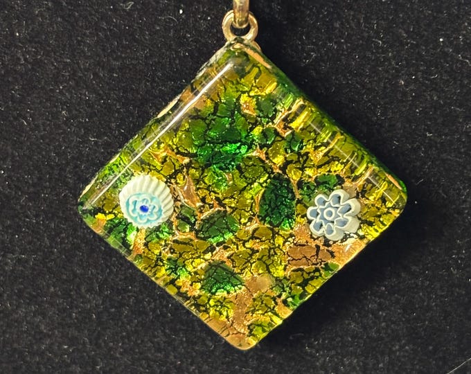 Murano Glass Millefiori Pendant Necklace Green Gold Foil Italian Venetian Glass