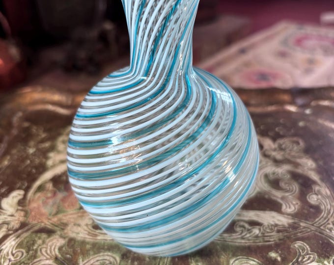 Vintage Murano Zanfirico Glass Vase | Hand Blown Aqua Blue Swirl Studio Art Glass