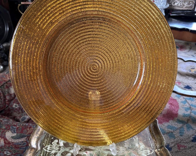 Vintage Amber Glass Charger 34cm | Large Textured Art Glass Platter | 1970s Style Decorative Centrepiece