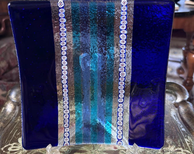 Vintage Studio Art Glass Fused Dish 16cm Cobalt Blue Millefiori Silver Leaf Decorative Bowl