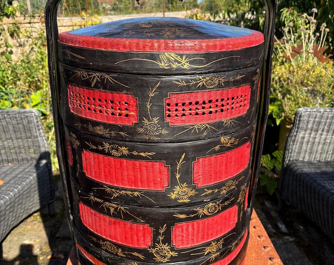 Antique Burmese Lacquer Tiered Food Carrier Woven Bamboo 71cm Large Myanmar