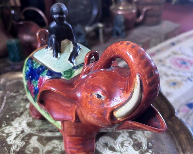 Vintage European Majolica Elephant Teapot | Hand Painted Figural Ceramic (1920s-1940s)