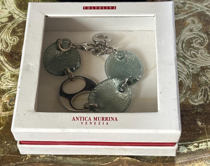 Antica Murrina Venezia Murano Glass Bracelet Aqua Silver Foil Venetian Italy Boxed