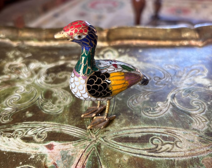 Vintage Chinese Cloisonné Duck Bird Figurine Brass Enamel Miniature 1970s