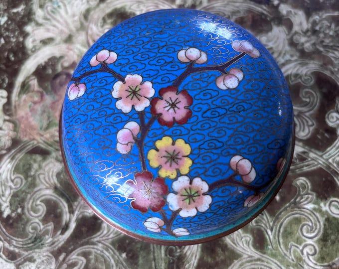 Vintage Chinese Cloisonné Trinket Box | Blue Plum Blossom Enamel Copper Keepsake (10cm)