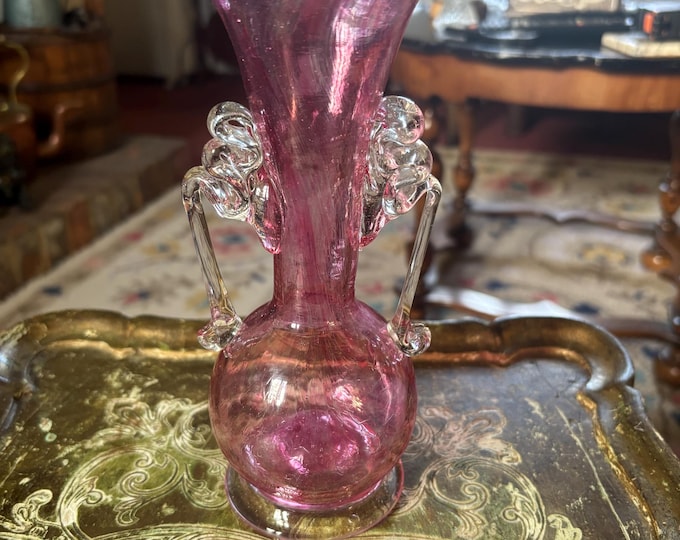 Vintage Pink Art Glass Vase Hand Blown Ruffled Rim Clear Applied Handles 20cm