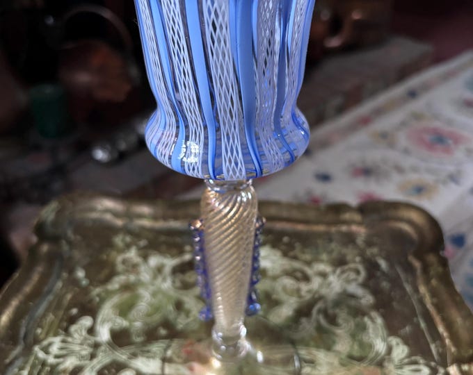 La Fenice Murano Glass Goblet Vase – Vetro Artistico 042 – Blue Latticino Filigree
