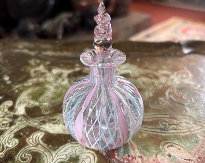 Vintage Murano Style Latticino Glass Bud Vase Blue Green Hand Blown Italian Attributed