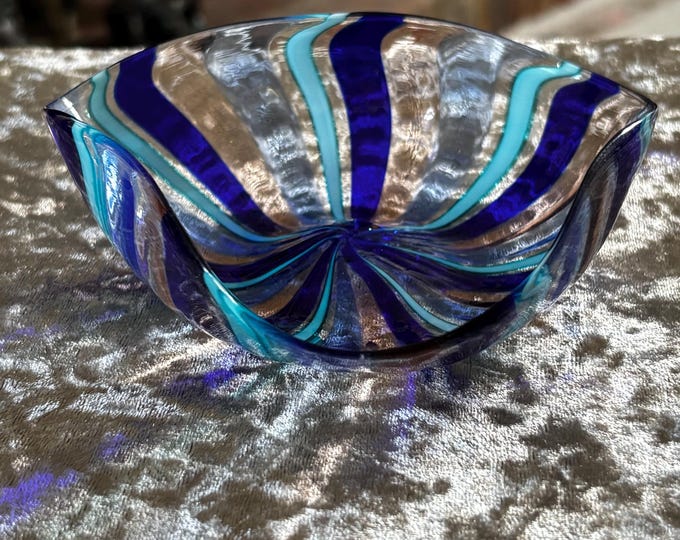 Vintage Murano Swirl Bowl | Blue Turquoise Zanfirico Ribbon Glass Dish