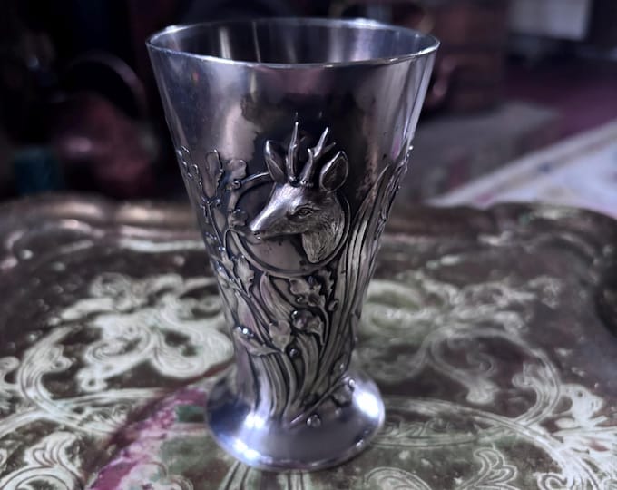 Antique Silver Plated Hunting Beaker | Art Nouveau Stag Oak Leaf Goblet