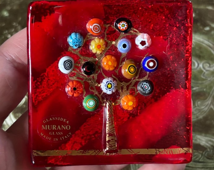 Ruby Red Murano Glass Tree of Life Dish: Millefiori, Gold Detail, Italian Art Glass