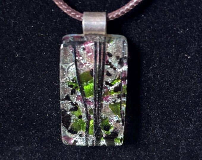 Sterling Silver Art Glass Pendant Necklace | Green Pink Foil Trailing Glass Jewellery