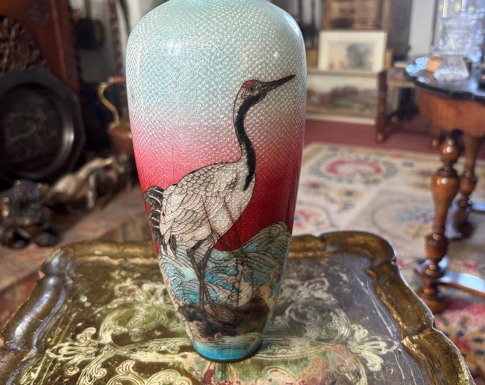 Vintage Japanese Ginbari Cloisonné Vase – Meiji Taisho Crane – 24.5cm