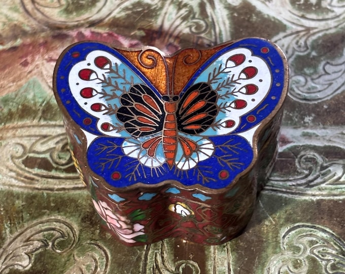 Vintage Chinese Cloisonné Butterfly Trinket Box, Enamel Brass Keepsake Jewellery Box