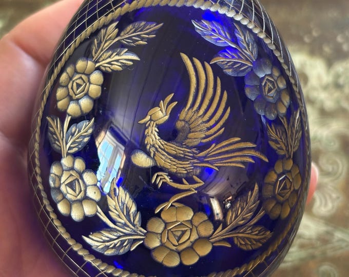 Vintage Cobalt Blue Engraved Glass Egg | Bird & Floral Design | Bohemian Style Decorative Collectable