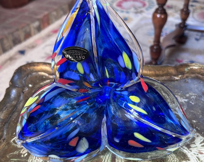 Vintage Cobalt Blue Murano Style Glass Flower Sculpture | Hand Blown Italian Art Glass Lily