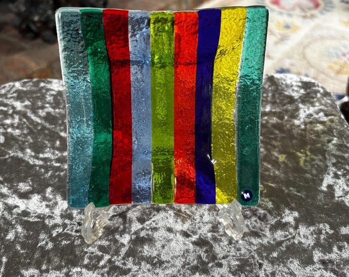 Ercole Moretti Murano Fused Glass Dish | Signed Italian Rainbow Stripe Art Glass Trinket Bowl