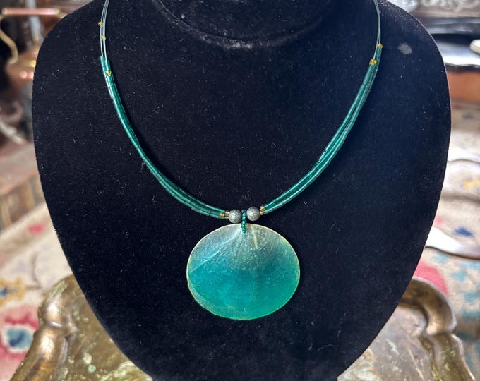 Green Mother of Pearl Shell Pendant Necklace Large Disc Artisan Statement Jewellery
